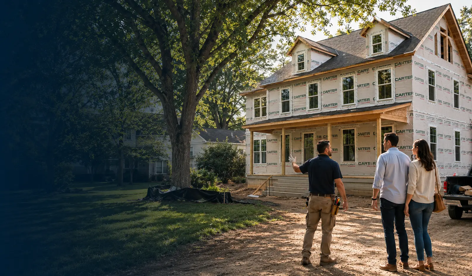 Character Companies builder walking homeowners through a new home under construction on their lot