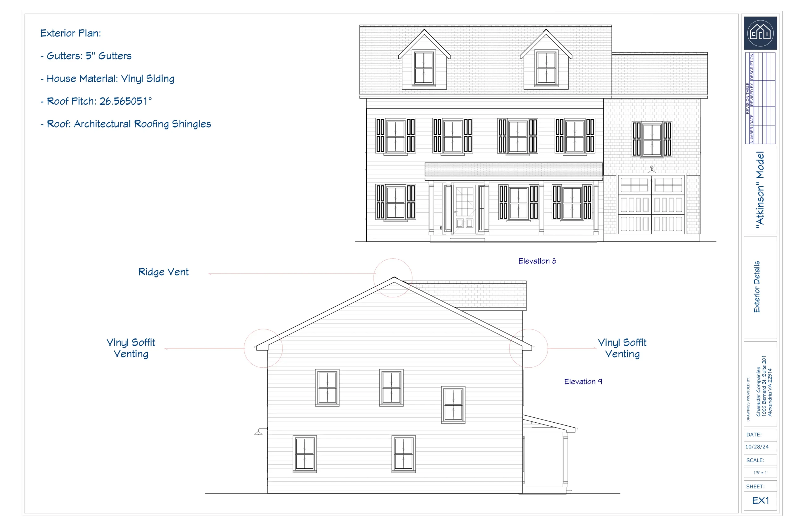Front and side elevation drawings of the Atkinson home plan by Character Companies