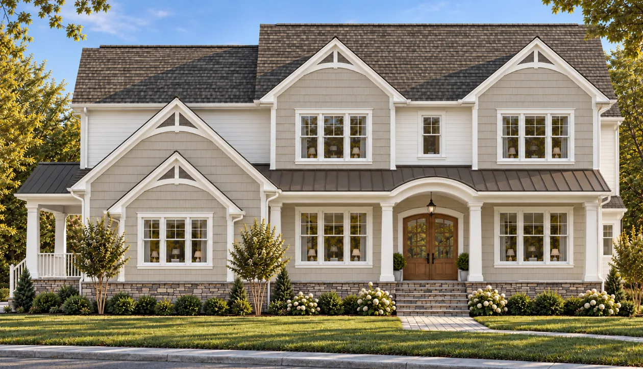 Exterior rendering of a two-story Character Companies home with gabled roofline, arched front entry and stone foundation