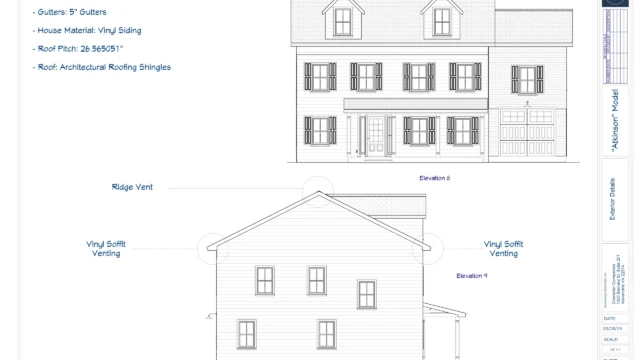 Front and side elevation drawings of the Atkinson home plan by Character Companies